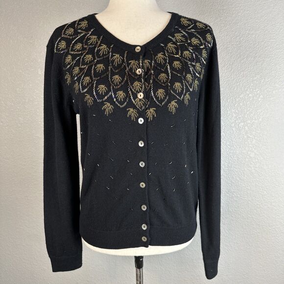 Sundance Womens Button Front Beaded Cardigan Size S Black Merino Wool Retro 50s - Picture 1 of 7